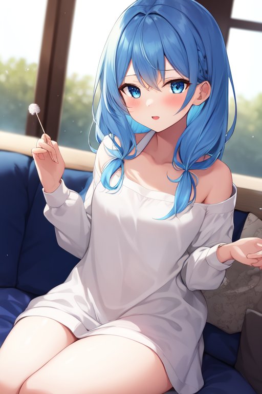 lap pillow invitation, 1girl, solo, blue hair, blue eyes